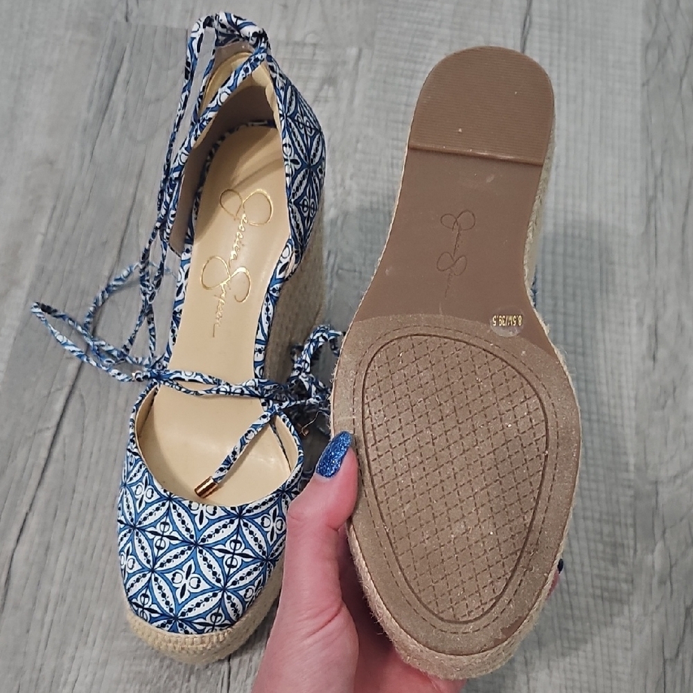 BNWB Jessica Simpson Blue and Cream Espadrilles with Elegant Lattice Design - Picture 3 of 3